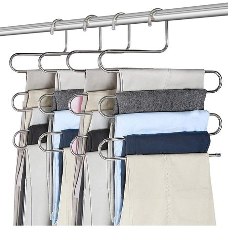 4pcs Pantalons Cintres, Multi-Usages Cintre en Acier Inoxydable de 5 Étages Conception pour Écharpes Jeans Vêtements Pantalons Serviettes (1/5)