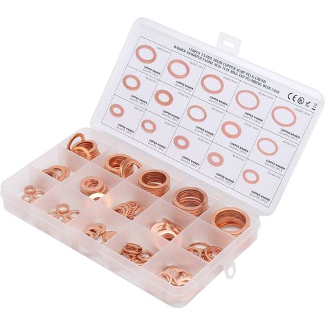 150 joints plats en cuivre rouge, rondelle d'étanchéité, joint torique, kit de 150 pièces, bague plate, laveuse, diamètre standard, usage universel (1/5)