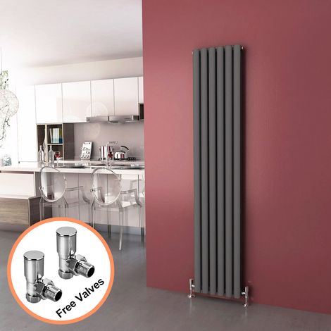 ELEGANT 1800 x 360 mm Anthracite Modern Vertical Column Radiator Oval Double Panel Designer Heater + Angled Radiator Valves (1/5)