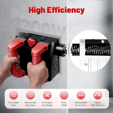Rabot Électrique, Fraise à mur 1200W avec 26 lames Vitesse 3000 R/MIN Réglage en Hauteur 1-4 mm pour Mur Béton Plâtre Mortier Eau de Chaux (1/5)