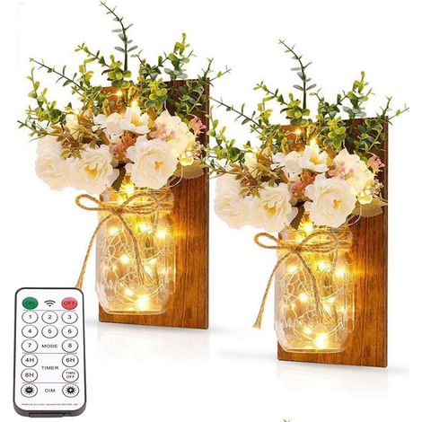 Zweiteilige Glaswandleuchten mit Lichterkette, LED-Fernbedienung und weißer Rose, rustikale Wohnzimmerdekoration (1/5)