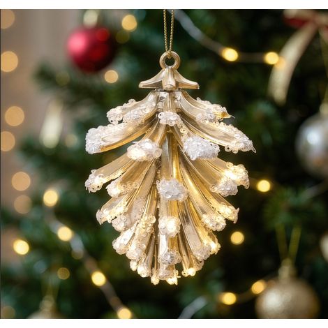 Ornement pomme de pin dorée à paillettes blanches 10×7 cm, décoration suspendue pour sapin de Noël (1/3)