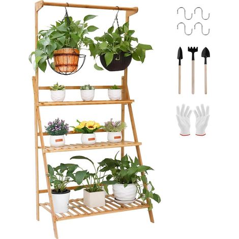 Blumenregal Pflanzentreppe aus Bambus für mehr Pflanzen und Blumenampel, Blumenständer Klappbar für Innen-Balkon Wohzimmer Outdoor Garten Dekor, ca.70 x 40 x 96cm, Braun (1/5)
