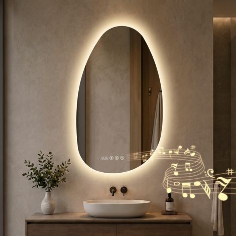 S'AFIELINA Badspiegel mit Beleuchtung Asymmetrisch 85 x 50 cm mit 3 Lichtfarben dimmbar, beschlagfrei, Bluetooth, Uhr, Temperatur, Speicherfunktion (1/5)
