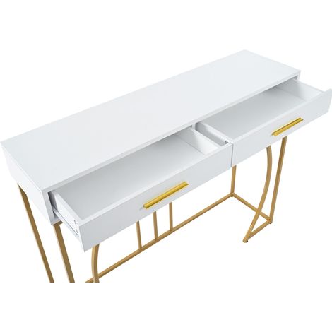 Consolle bianca con 2 cassetti, struttura metallica e piano in MDF 110x32x85 cm