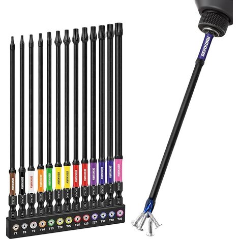 GEINXURN Torx Lot de 13 Embouts de Vissage aux Chocs T7-T40 150mm, Jeu d'embouts Magnétique pour Visseuse Tournevis Tige Hexagonale 1/4" S2 en Acier Allié, Code Couleur (1/5)