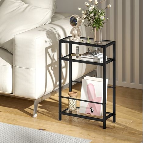 Mesa auxiliar de 3 niveles, tablero de vidrio templado, 40 x 18 x 62 cm, negra DESVIAE (1/5)