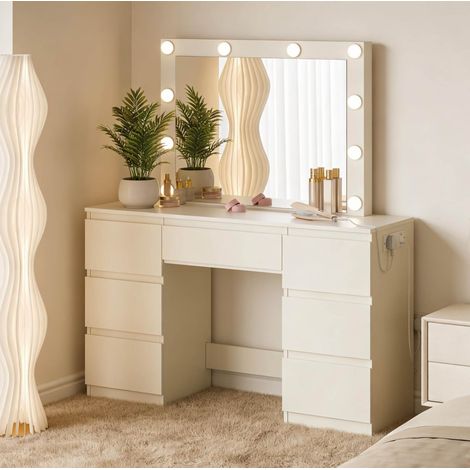 Coiffeuse en bois d’ingénierie blanc avec miroir LED, 7 tiroirs et prises intégrées (1/5)