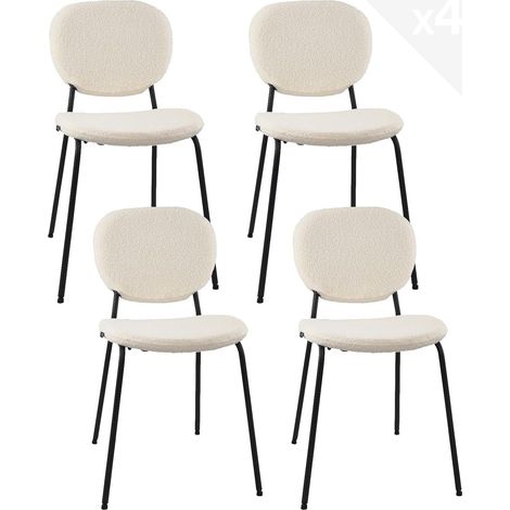 Ensemble de 4 chaises de salon/salle à manger contemporaines, revêtement en tissu Teddy blanc rembourré, pieds en métal noir Mada (1/5)