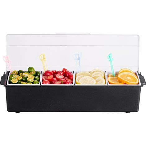 VEVOR gekühlter Gewürzbehälter Zutatenbehälter mit 4 Fächern (800 ml x 4) Präsentationsständer mit Deckel Pizzastation Pizza Belagstation Obstschachtel Servieren von Tacos Salat Obst (1/5)