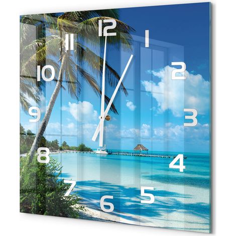 Grande Horloge Murale Carrée Décoration Murale Verre Trempé Design Artistique Plage tropicale 60x60 cm (1/5)