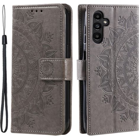 Custodia a libro per Samsung Galaxy A15, fiore Mandala, grigio + vetro 9H (1/5)