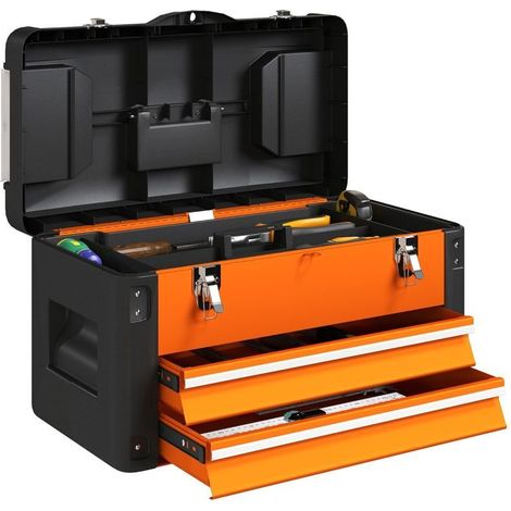 Coffre à outils vide en acier orange avec tiroirs et mini-compartiments. Dimensions : 49,7 x 25,3 x 28,9 cm, pratique pour ranger vos outils