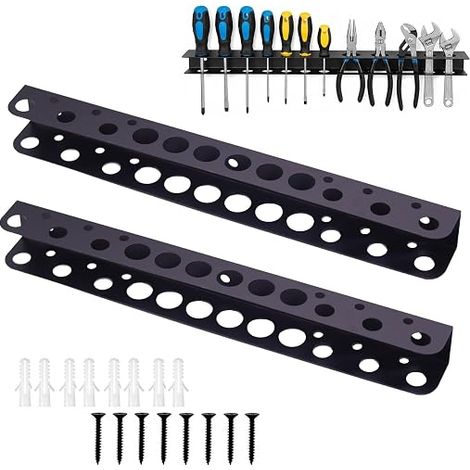 Lot de 2 porte-pinces muraux, 40 cm, 18 trous, porte-outils mural, avec vis et tube d'expansion, accessoires d'atelier, supports pour marteaux, garages, établis de travail, noirs (1/5)
