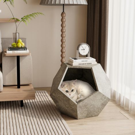 Table d’appoint pour chat 66 cm – Nichette intégrée pour chat – Meuble multifonction MDF – Structure robuste – Charge max 75 kg – 66×66×53 cm – Gris ciment – Style moderne (1/5)