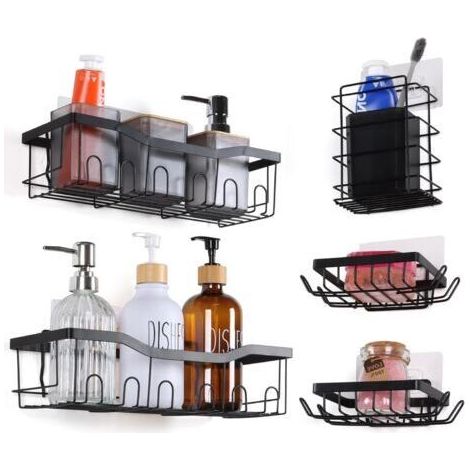 Étagère de douche, organiseur de salle de bain sans perçage, support de rangement autocollant, étagère murale antirouille pour salle de bain, cuisine et plan de travail (noir, lot de 5)