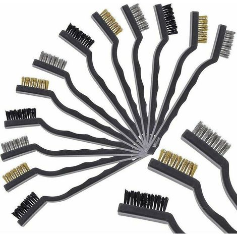 Lot de 12 Mini brosses métalliques, Brosse Metallique avec Poils en Laiton Brosse Metallique de Nettoyage avec Poignée Incurvée- Brosse Soudure (1/4)