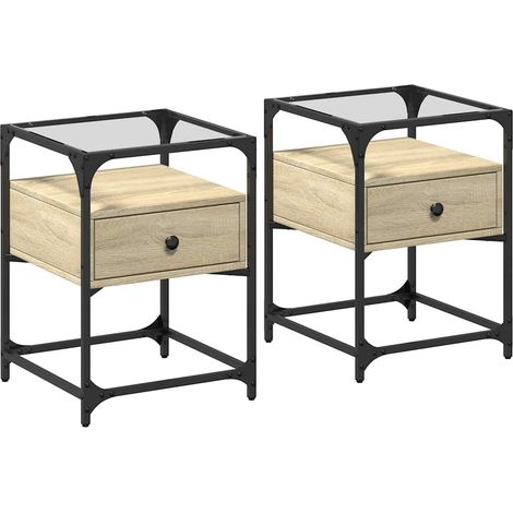 Conjunto de 2 mesitas de noche con cajón 40 x 40 x 55 cm madera contrachapada, acero y cristal DEC035278