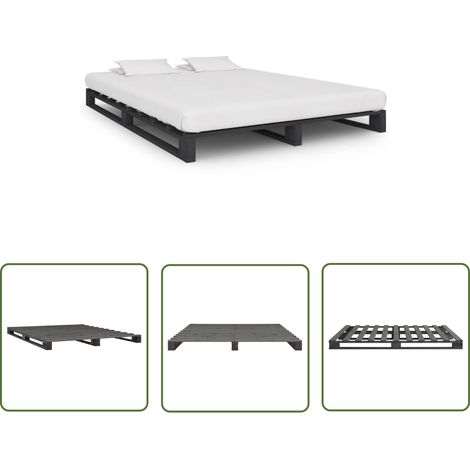 The Living Store Cadre de lit de palette sans matelas gris 140x200cm bois massif - Cadre De Lit - Lit Double - Lit En Bois - Lit Rustique - Meubles Chambre (1/5)