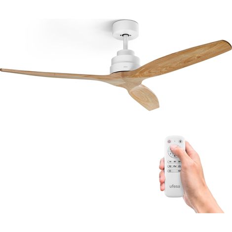 Ventilateur de Plafond CFTB, 40W, 6 Vitesses, Ultra Silencieux, 3 Pales en Bois Naturel 132cm, Fonction été - hiver, Minuterie 8h, Télécommande, Blanc - Bois Clair (1/5)