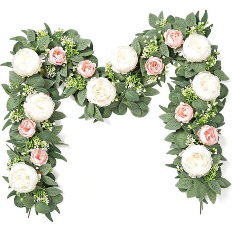 2er Set Künstliche Blumengirlande Rosa & Weiß mit Eukalyptus & Rosen (1/5)