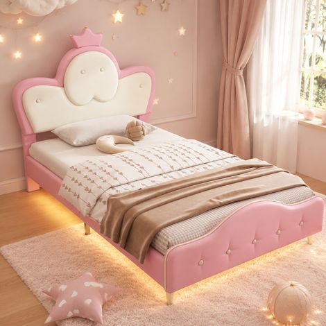 Cama infantil 90x200 cm PU rosa y blanca, con LED para dormitorio, sin colchón -FLORAGRACE (1/5)
