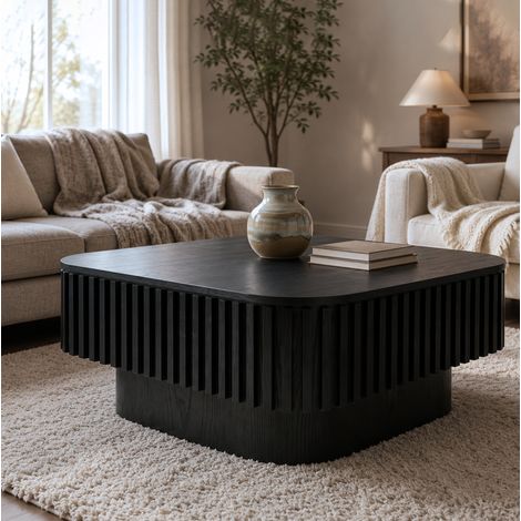 Table basse carrée 75 cm à rainures avec rangement caché, bois et MDF, noire (1/5)