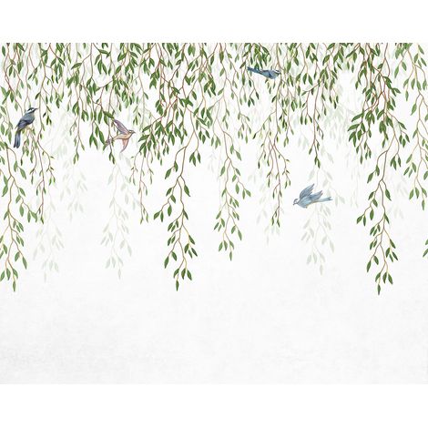 Papier peint panoramique oiseaux dans la nature – Vert et bleu – Dimensions 3,5 x 2,79 m – Intissé facile à poser – Écologique certifié FSC (1/5)