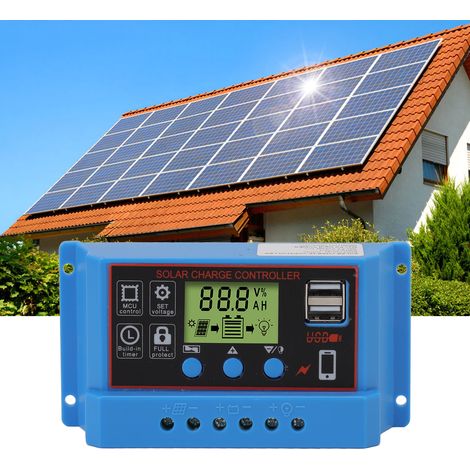 12V/24V 30A Photovoltaik-Solarladeregler mit schwarzer Frontplatte und blauem Gehäuse (1/5)