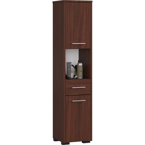 Colonne salle de bains 30 cm – 2 portes – 1 tiroir – 5 étagères – Panneau stratifié Wengé – Hauteur 140 cm – Profondeur 30 cm – Abamihome (1/4)