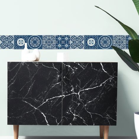 Frise adhésive autocollante décorative 15 cm x 300 cm – Motif carreaux de ciment ancien bleu – Vinyle repositionnable pour intérieur – Plage (1/5)