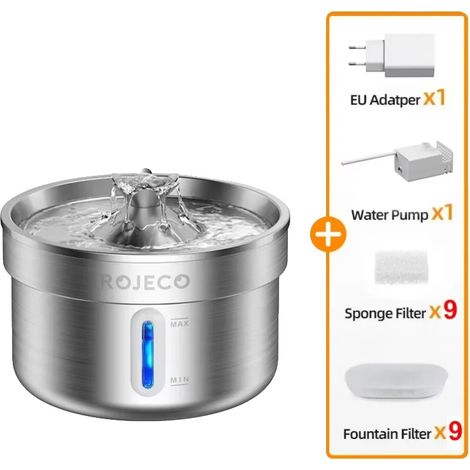 Fuente de agua automática para mascotas, fabricada en acero inoxidable duradero, incluye 8 filtros, 2L (1/2)