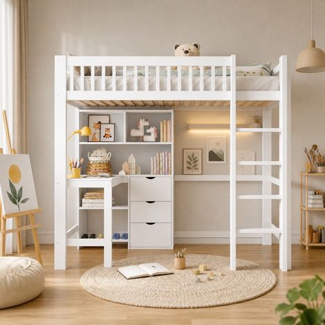 MEUBLIV Letto a soppalco 90x200 cm bianco – scrivania e 3 cassetti, senza materasso (1/5)