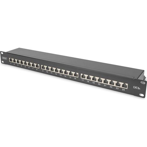 Pannello di Collegamento Digitus 24 Porte Cat6a 1U Nero con Schermatura, Compatibile con Cavi CAT 6a e CAT 7, Dimensioni 483 mm (19") (1/5)