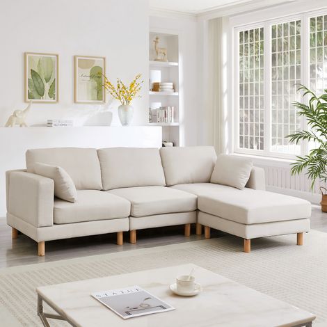 Divano angolare a 3 posti con pouf, 235x152x78 cm, reversibile, poliestere beige, gambe in legno (1/5)