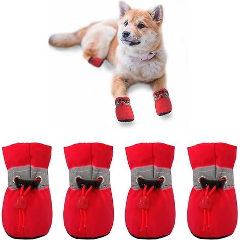 Hundeschuhe mit Pfotenschutz und rutschfester Oberfläche. Diese bequemen Schuhe mit weichen Sohlen verfügen über reflektierende Streifen (4, rot).