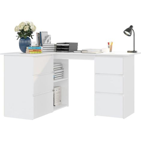 Bureau d'angle blanc 145x100x76 cm – Aggloméré durable avec 4 tiroirs et 2 étagères – Espace de rangement optimisé – Fimei (1/5)