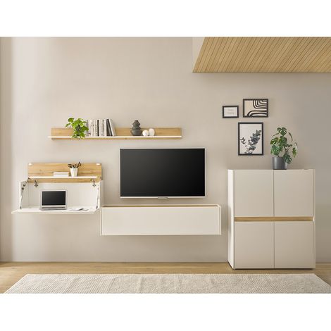 Wohnwand weiß mit Eiche CRISP-61 modern 4-teilig mit Homeoffice-Lösung (1/5)