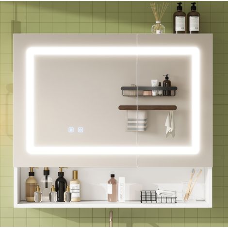 Meuble de salle de bain miroir 80 x 17 x 70 cm avec LED, fonction anti-buée, blanc DESVIAE (1/5)