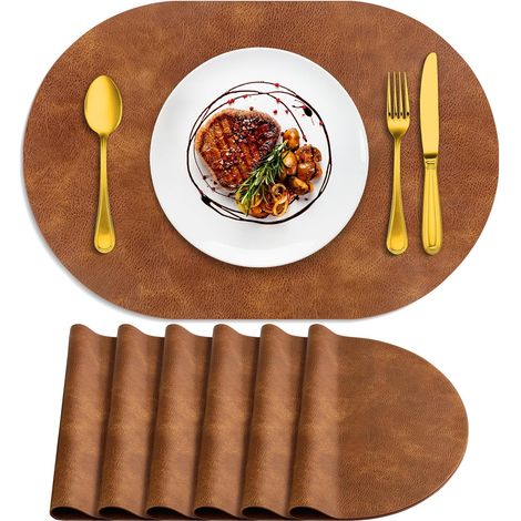 Lot de 6 sets de table ovales résistants à la chaleur, lavables, 30,5 x 43,2 cm, imperméables et faciles à nettoyer pour cuisine, salle à manger, marron curcuma'Marron Curcuma 6Pcs, 12" x 17"'Marron C (1/5)