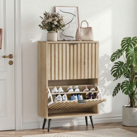 Mobile porta scarpe 60 cm, 2 ante ribaltabili, effetto legno naturale, stile Mid-Century OKMYHOME (1/5)