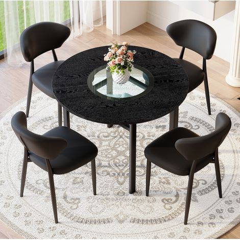 Set da pranzo con tavolo rotondo e sedie in MDF, vetro, metallo e PU nero, piano Ø100 cm con inserto in vetro (1/5)