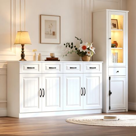 Ensemble Buffet 160x35x80 cm et Vitrine 55x40x200 cm avec LED App, 5 Tiroirs, 6 Portes, MDF/PB et Verre, Blanc (1/5)