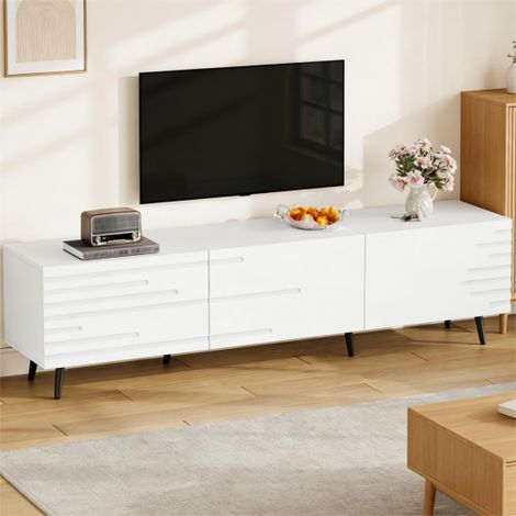 Meuble TV de 180 x 40 x 48 cm avec 3 portes battantes, meuble TV bas, meuble de salon, design imprimé, blanc, adapté aux téléviseurs d’environ 80 pouces, grand espace de rangement, en MDF. (1/5)