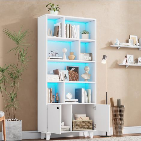 Librería 80x30x173 cm blanca en MDF y madera maciza con 7 compartimentos, 2 puertas y luz LED (1/5)