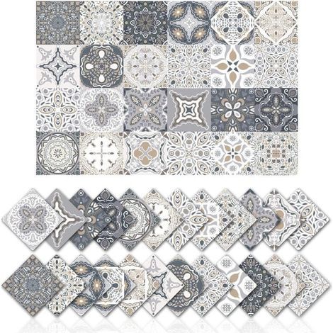 Lot de 24 autocollants carrelage 15x15 cm – Décoration murale adhésive en PVC imperméable – Carreaux de ciment vintage géométriques (1/4)