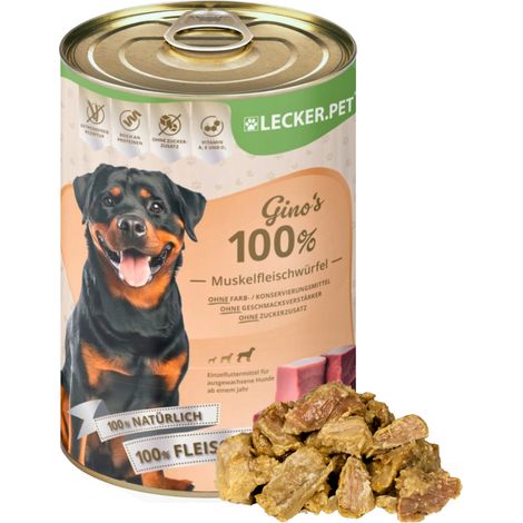 18 x 400 g de cubes de viande musculaire 100 % bœuf et porc Lecker.Pet® Gino's Nourriture humide pour chiens (1/5)