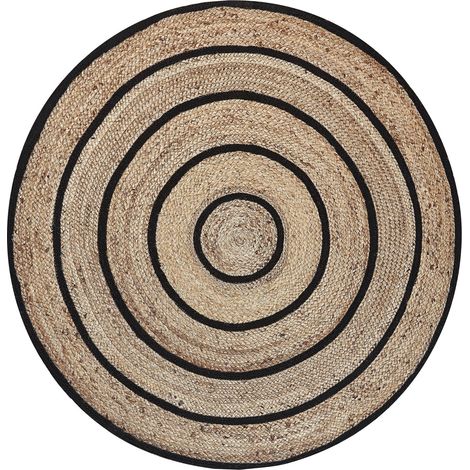 Area Rug Beige Black Round 140 cm Boho Rustic Spiral Braided Cotton Jute BUKSE