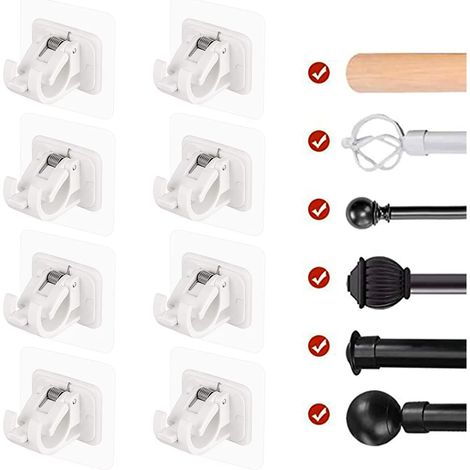 Staffe autoadesive per asta per tende, 8 pezzi, montaggio a parete senza chiodi, ganci per tende, per casa, cucina, bagno, hotel, bianco