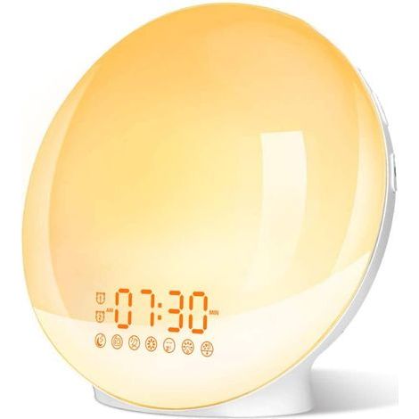 Réveil lumineux enfant – Simulation d'aube et crépuscule – 20 niveaux de luminosité – 7 couleurs LED – 7 sons naturels et radio FM (1/5)